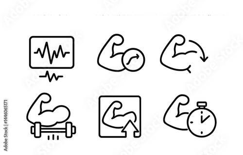 Fitness and gym outline icons set – linear style workout, health, and exercise symbols for training plans: heart rate, bicep curl, arm rotation, barbell, stopwatch.