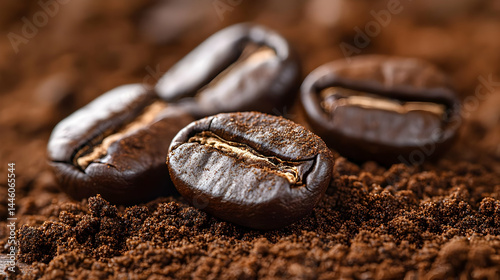 Close-up of Dark Roasted Coffee Beans on Ground Coffee
