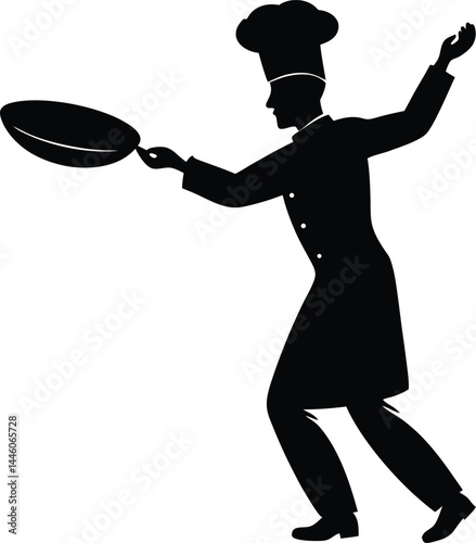 silhouette of a chef tossing food in pan on white 