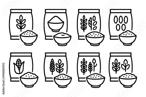 Organic grain and cereal icons set – outline style healthy food, nutrition, and agriculture symbols for eco-friendly design: wheat, rice, oats, corn, quinoa, barley, millet.