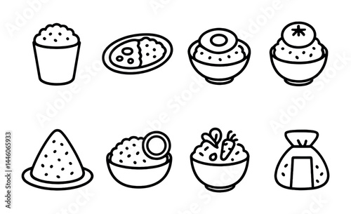 Asian cuisine outline icons set – linear style food, dining, and culture symbols for culinary designs: rice bowl, sushi, bento, onigiri, curry, veggies, rice bag, miso soup.