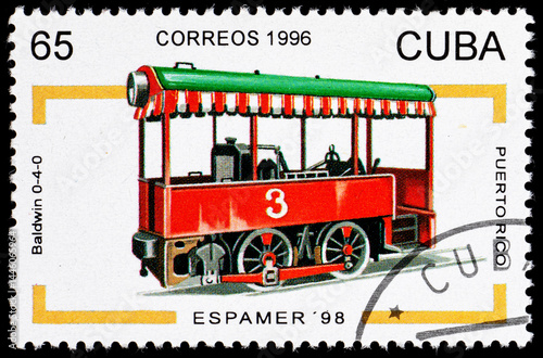 Postage stamp of Cuba with a retro train.