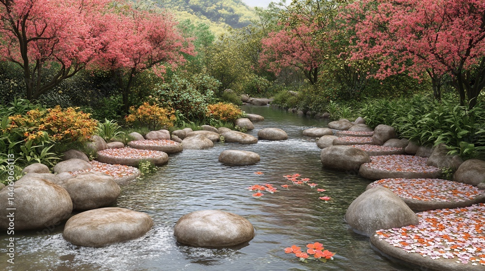 Serene stream flows through lush garden, petals adorn rocks