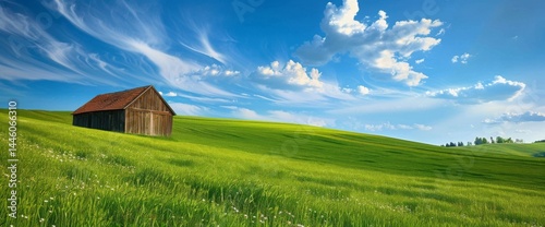 Rural spring landscape. Rural landscape with green field, blue sky and wooden hunting shack , South Moravia, Czech Republic  125 --v 6.0 - Image #4 @kashif320