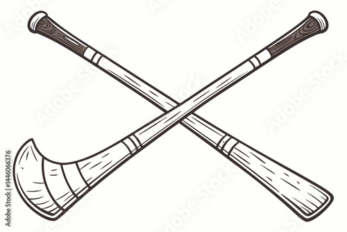 99 Antique wooden hurling sticks, crossed formation, Irish sports equipment, weathered texture, pale wooden handles, dark curved ends, traditional Gaelic game, vintage sports memorabilia, sepia tones,