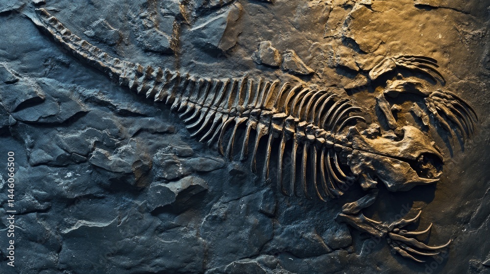 Naklejka premium Fossilized scorpion-like creature in dark rock.