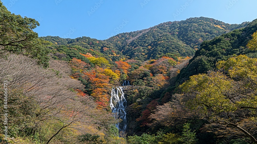 Autumn waterfall cascading through colorful foliage