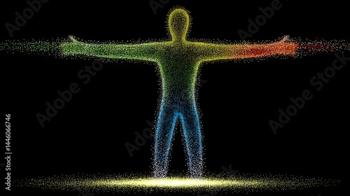 figure dissolving into particles with bright colors indicating emotional release