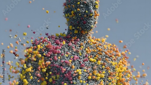 figure dissolving into particles with bright colors indicating emotional release