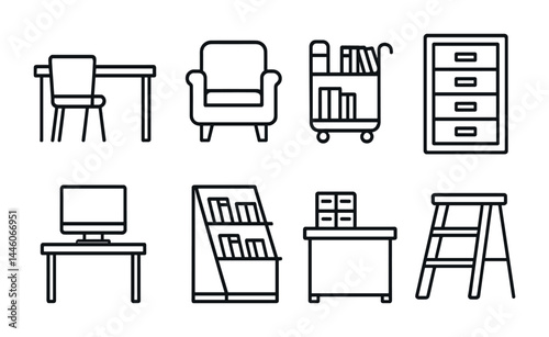 Office furniture outline icons set – 3d flat style workstation, home office, and workspace symbols: desk, chair, bookshelf, cabinet, computer, ladder, cart, armchair.