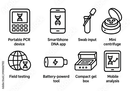 Biotechnology linear icons set – outline style for dna testing, lab equipment, and mobile health tools: portable pcr device, smartphone app, swab, centrifuge, battery tool