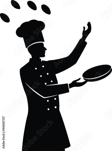 silhouette of a chef tossing food in pan on white