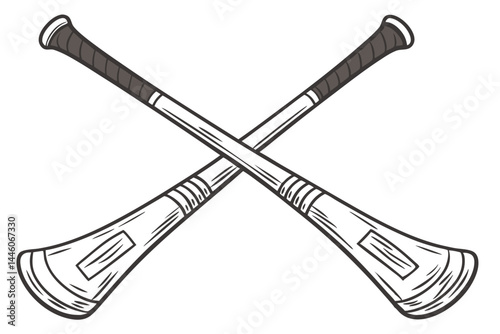 99 Antique wooden hurling sticks, crossed formation, Irish sports equipment, weathered texture, pale wooden handles, dark curved ends, traditional Gaelic game, vintage sports memorabilia, sepia tones,