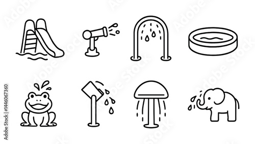 Kids water play outline icons – fun aquatic adventure and recreation symbols for summer activities: slide, water cannon, splash pad, wading pool, frog, water sprinkler, mushroom, elephant.