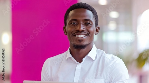 Smiling young man in casual white shirt, vibrant background enhancing joyful expression, perfect for personal branding.