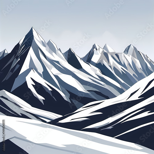 Stunning illustration of towering snow-capped mountains in a serene and expansive winter scene.