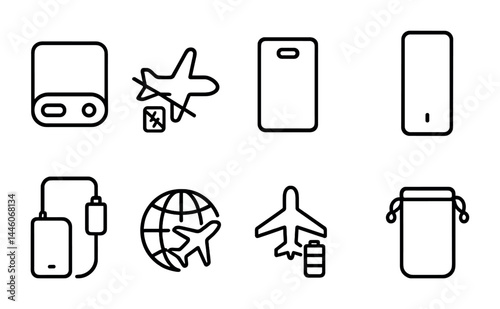 Travel essentials icon set featuring plane, luggage, and accessories for packing and planning