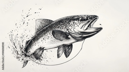 Majestic trout leaps, splashing water,  graphic art