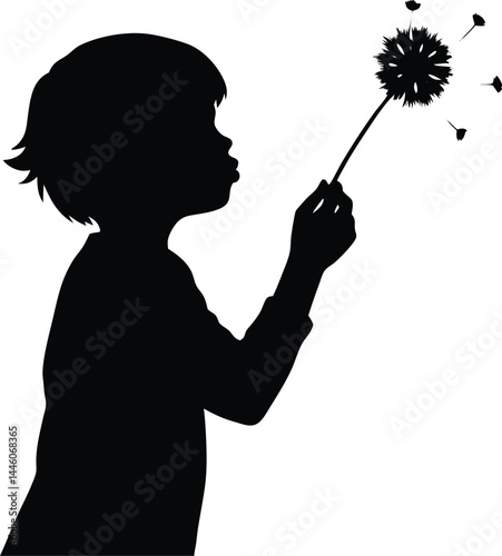 silhouette of a child blowing dandelion on white 