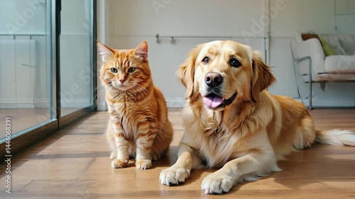 Golden Retriever dog and ginger cat sitting on hardwood floor indoors.