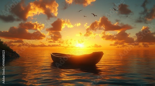 Fototapeta Naklejka Na Ścianę i Meble -  Serenity of sunset over calm water with small boat