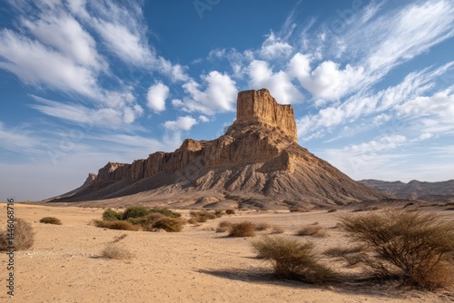 Mountainous landscape in desert with blue sky and white clouds; travel tourism