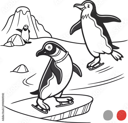 Coloring book vector of penguins ice skating on white background design