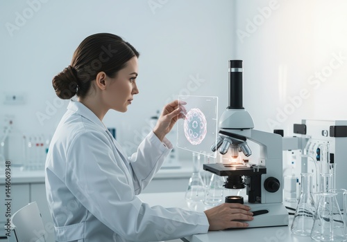 Woman researching cancer cell on virtual screen using microscope. Futuristic concept of medical science and technology in laboratory environment.