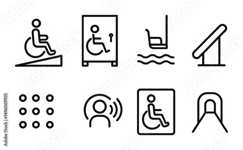 Accessibility icon set – line style disability, inclusion, and assistive symbols for universal design: wheelchair ramp, elevator, pool lift, braille, audio, accessibility sign, handrail.