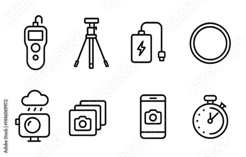 Photography equipment icons set featuring camera accessories and tools for creative projects