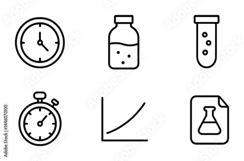 Laboratory equipment line icons set – scientific and research outline symbols for laboratory projects: clock, jar, test tube, stopwatch, graph, beaker document