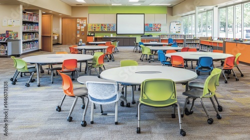 Bright, colorful classroom with round tables and chairs