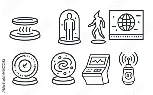 Futuristic technology outline icon set – linear ai, quantum computing, and virtual reality symbols for innovation: teleportation, hologram, cyborg, world map, time travel, galaxy, futuristic device,