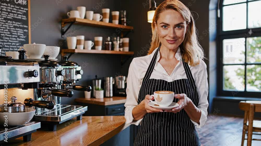 Barista serving coffee in cozy cafe with professional espresso machine