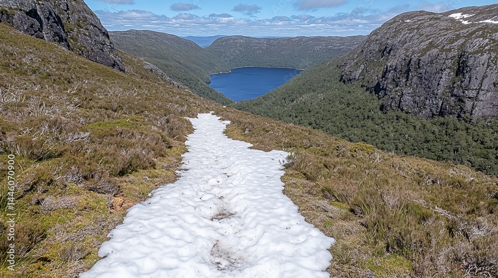 Snow-covered trail descends towards a serene mountain lake nestled within rugged, verdant hills under a clear blue sky
