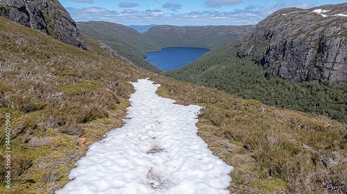 Obraz na płótnie Snow-covered trail descends towards a serene mountain lake nestled within rugged, verdant hills under a clear blue sky w salonie