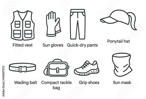 Outdoor adventure linear icons set – outline style hiking, camping, and fishing symbols for enthusiasts: fitted vest, sun gloves, quick-dry pants, ponytail hat, grip shoes, compact tackle bag, sun