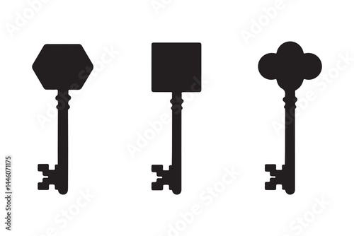 Black silhouette vector set of vintage keys with geometric heads including hexagon, square, and trefoil shapes isolated on white background for lock, security, steampunk, and antique key design"