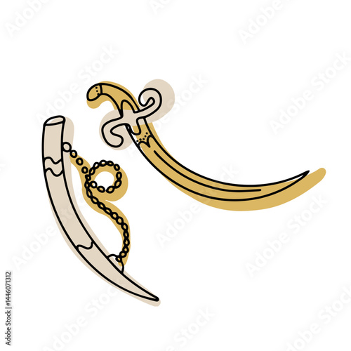 Yatagan sword, traditional curved weapon. Hand drawn vector illustration.