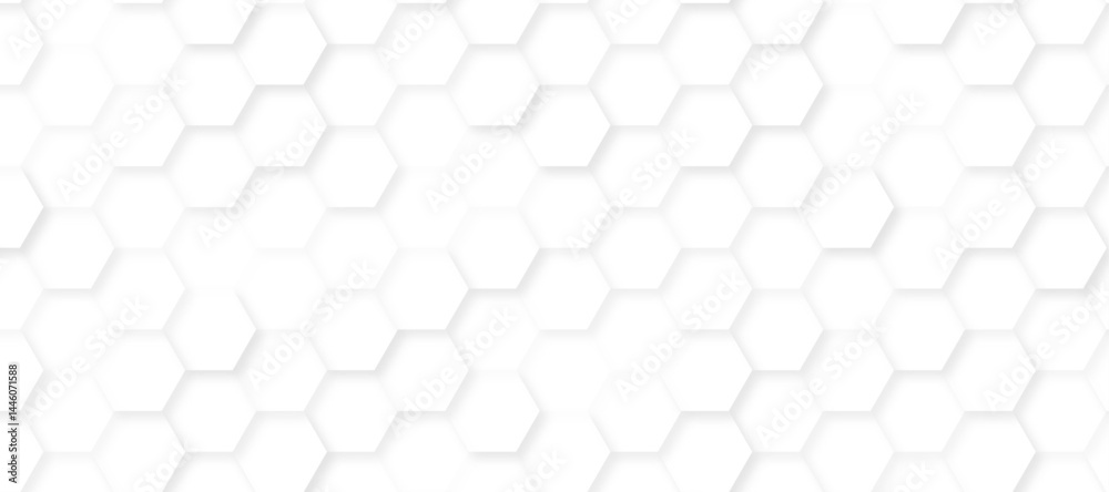 Seamless hexagon pattern on a clean white background, modern and minimalistic design. Geometric layout with evenly spaced hexagons, subtle shadows for depth, high-resolution vector style.