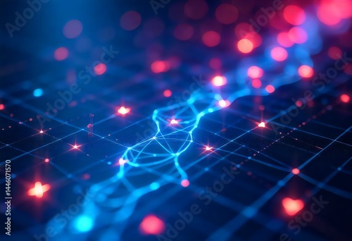 Glowing blue and red abstract DNA strand on digital grid, concept of biotech, AI, and innovation.
