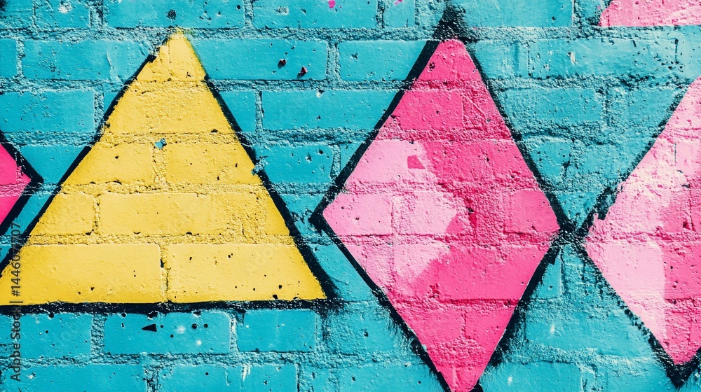Vibrant geometric graffiti on a teal brick wall