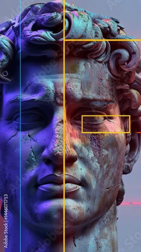 Ancient mythology: cyber art, sculptural rebirth, modern interpretation, radiant contrast, digital elegance, futuristic homage, timeless beauty, classical revival, visionary expression