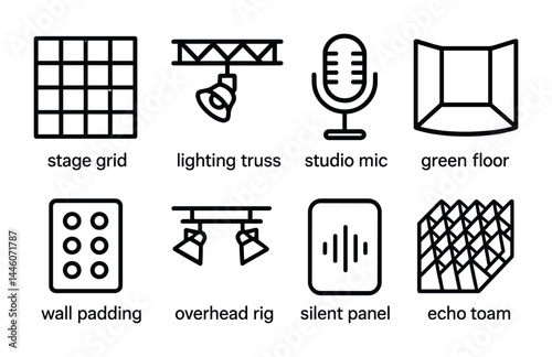 Audio and studio equipment icons with stage elements for sound design and production
