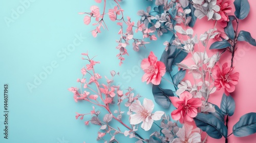  A floral background with pink and white blossoms on a split blue and pink background.