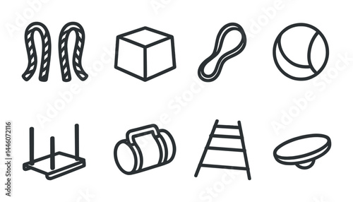 Fitness and gym equipment icons set - outline style workout and exercise symbols for health enthusiasts: jump rope, dumbbell, balance board, medicine ball, step, gym bag, ladder, wobble cushion.