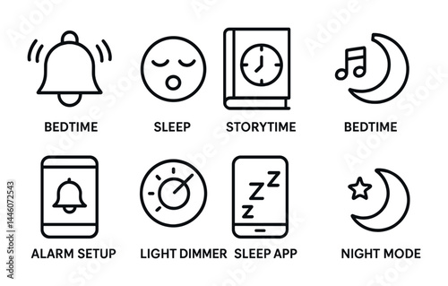 Sleep and relaxation icon set - outline style restful, nighttime, and bedtime symbols for wellness apps: sleep, storytime, alarm setup, light dimmer, night mode.