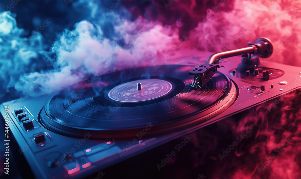 Vinyl record player spinning with colorful smoke effects in a vibrant atmosphere.
