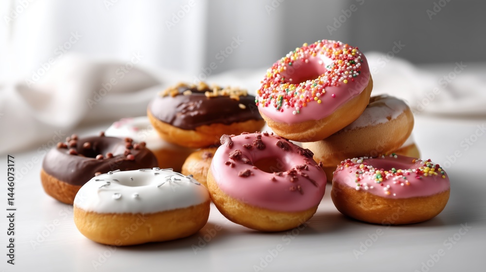 Assorted Pastel Donuts on Minimal White Surface Assorted Pastel Donuts on Minimal White Surface