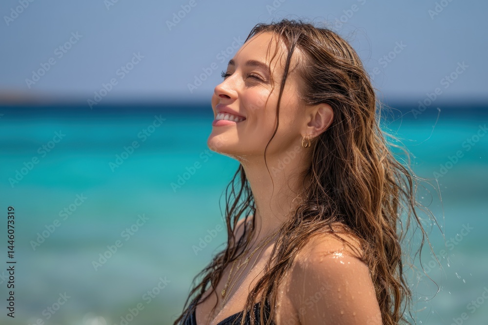 Happy woman relaxes facing sun, ocean background. Summer travel promotion Happy woman relaxes facing sun, ocean background. Summer travel promotion